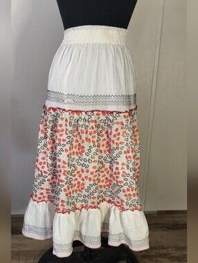 White and Coral Floral Tiered Maxi Skirt with Elastic Waistband
